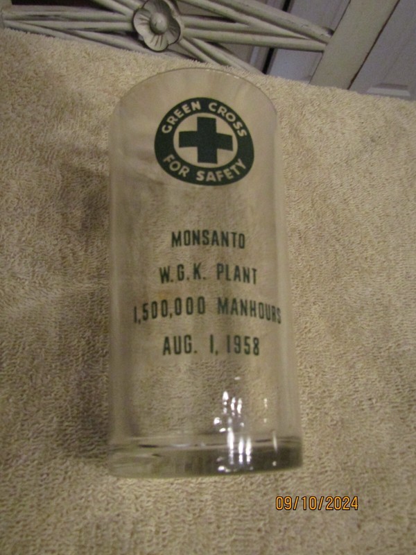Vintage Monsanto WGK Plant 1500000 Manhours 1958 Green Cross For Safety 4″ Glass