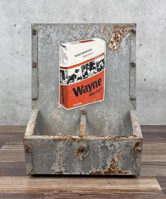 Galvanized Tin FEEDER Vintage Wayne Dog Food ANIMAL FARM Planter Metal Rustic
