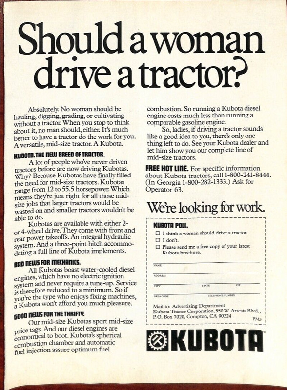 1979 Kubota Tractor Vintage Print Ad - "Should a Woman Drive a Tractor?" gallery