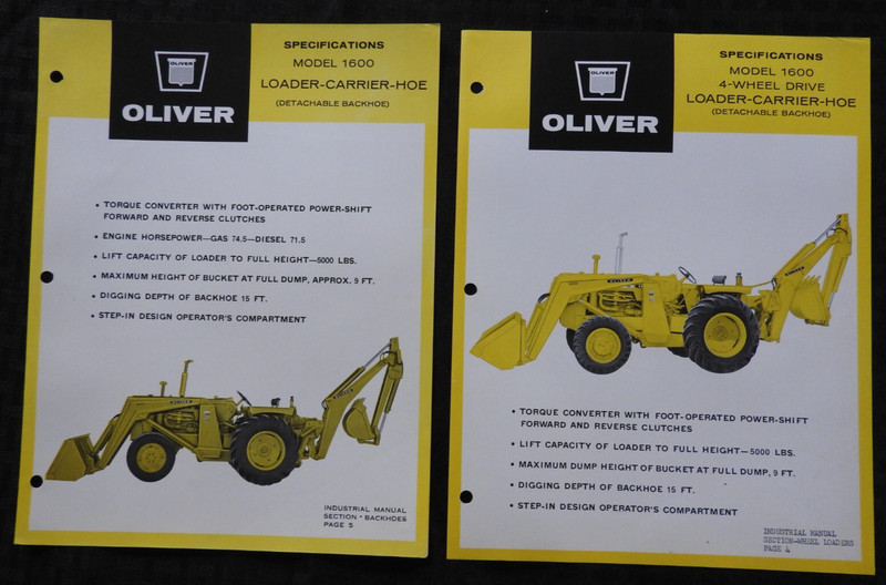 (2) 1964 “OLIVER 1600 TRACTOR LOADER BACKHOE” SPECIFICATIONS BROCHURE VERY NICE