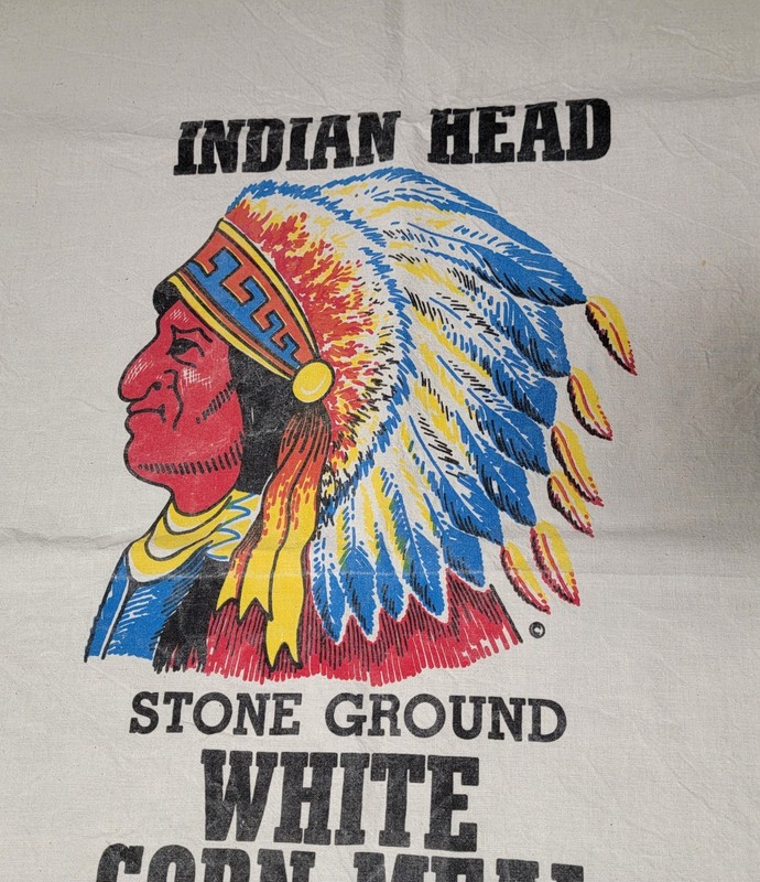 Vtg Rare Indian Head Stone Ground White Corn Meal Sack Bag Fabric 100lbs 36x20in gallery