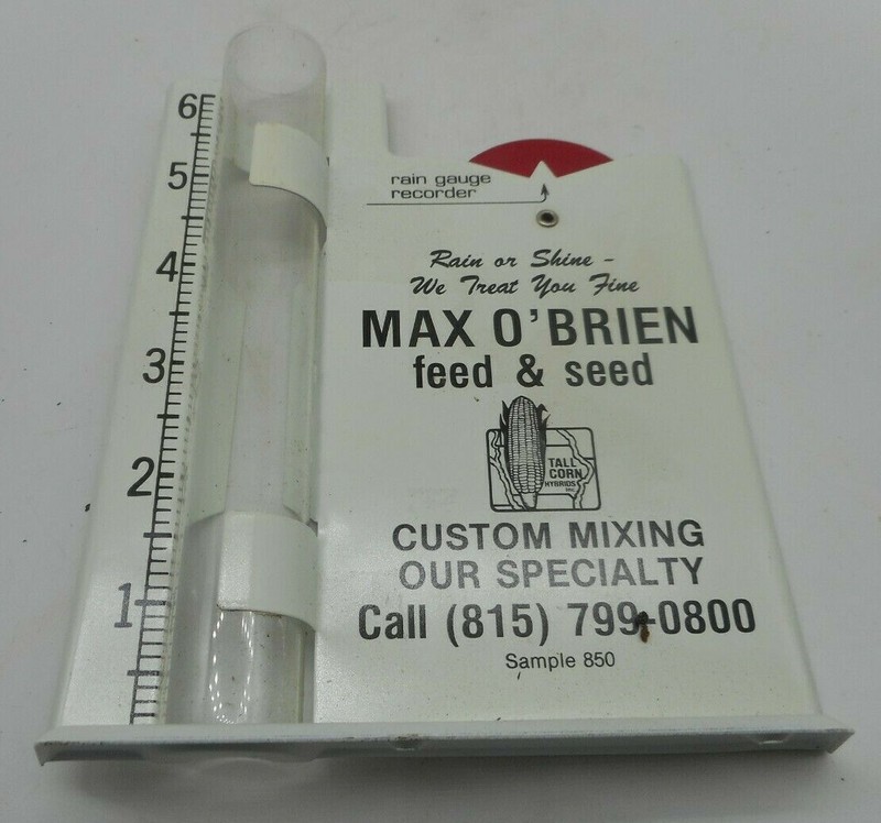 Vintage SALESMAN SAMPLE Max O’Brien FEED SEED CORN IL Advertising Rain Gauge