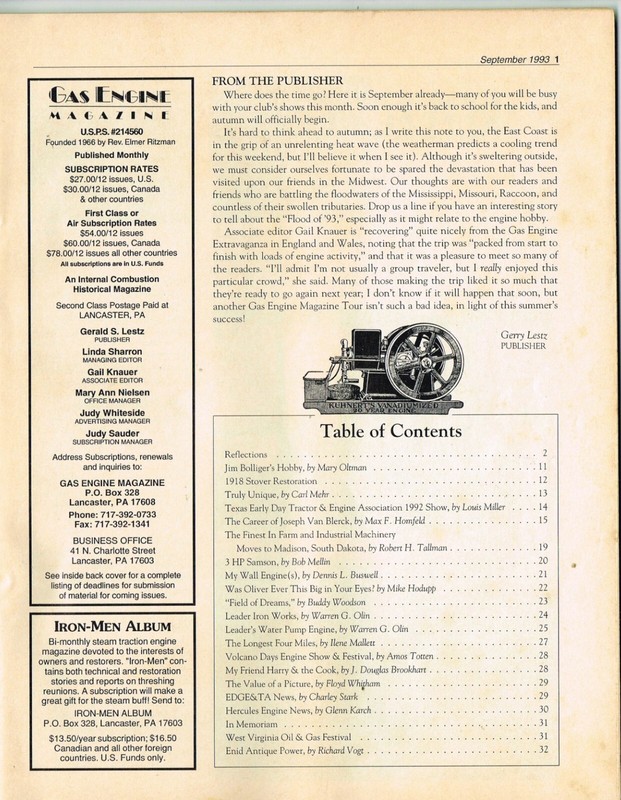 The GAS ENGINE magazine September 1993, Leader Iron Works, 3HP Samson gallery
