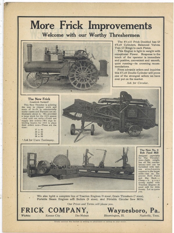 1915 Frick Co. Ad: Frick Doubled Steam Engine & Thresher, No. 0 Belt Feed Mill