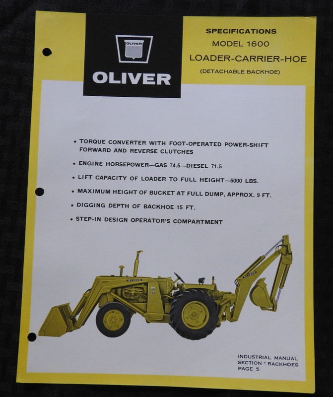 (2) 1964 "OLIVER 1600 TRACTOR LOADER BACKHOE" SPECIFICATIONS BROCHURE VERY NICE gallery