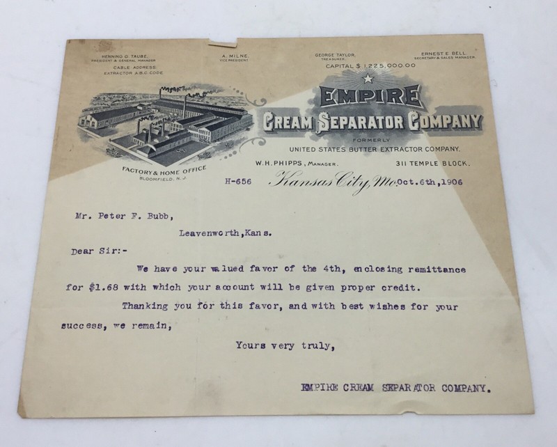 1906 Empire Cream Separator Co. Kansas City Mo. / Bloomfield NJ……..[P31]