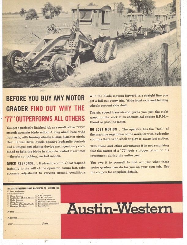 1937 Ad F&B of PG: Austin Western Model 77 Motor Grader – Outperforms All!