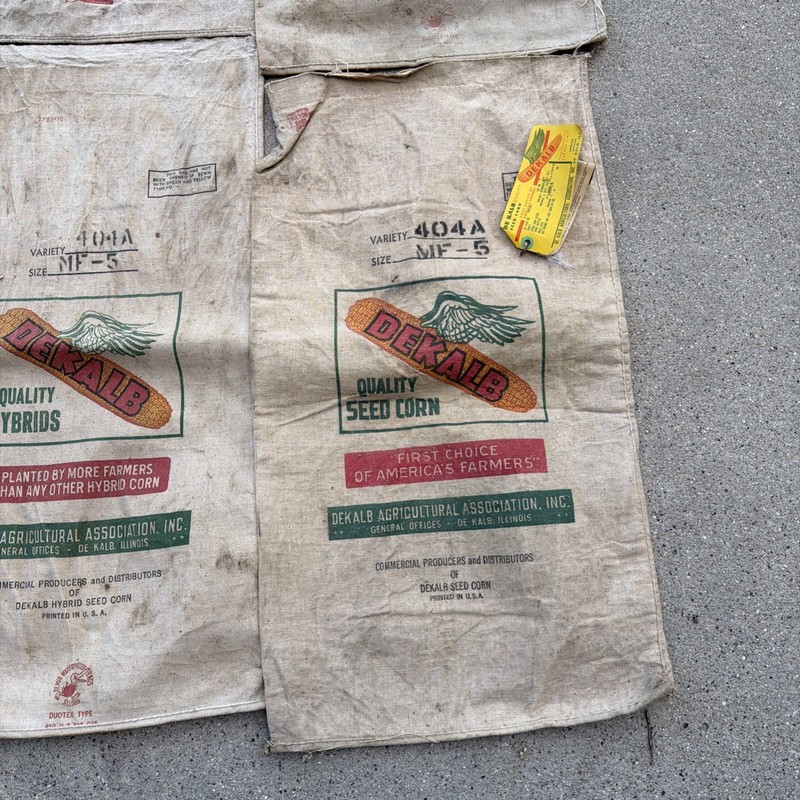 Set of 6 Dekalb Seed Hybrid Corn Lined Waterproof Bags 1940s W/Tags Seed Sack gallery