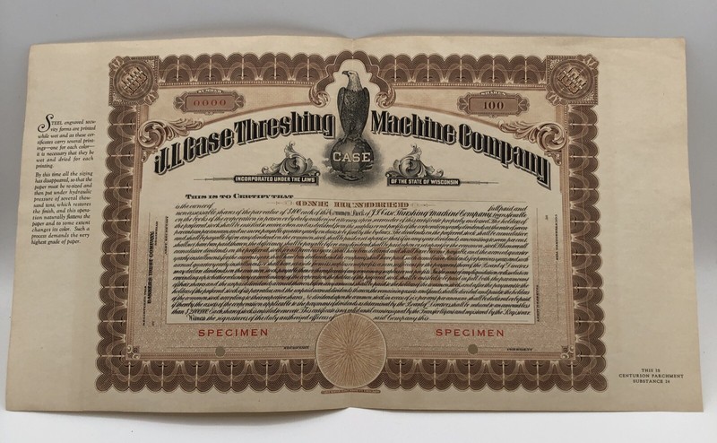 Rare Vintage J.I. Case Threshing Machine Company 100 Specimen Shares Stock