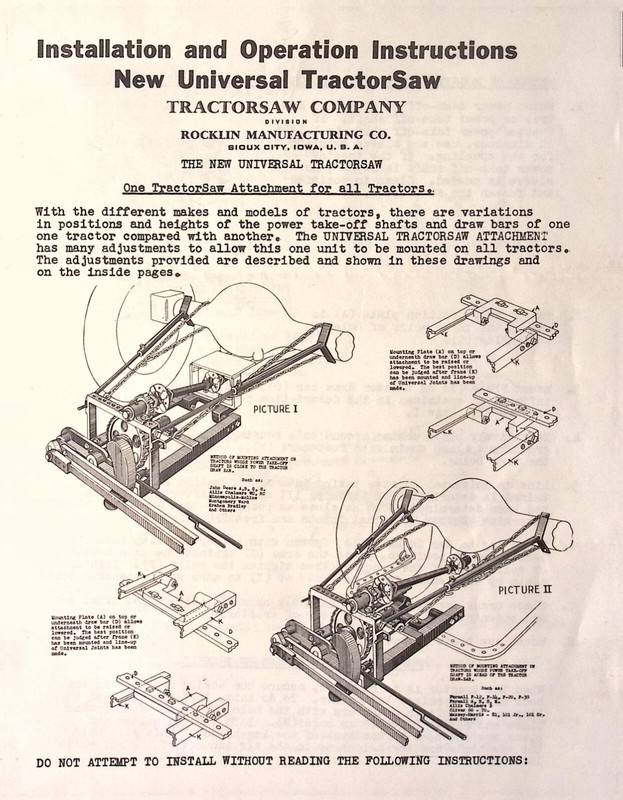 Rocklin Manufacturing Universal Tractor Saw Installation Operation instructions