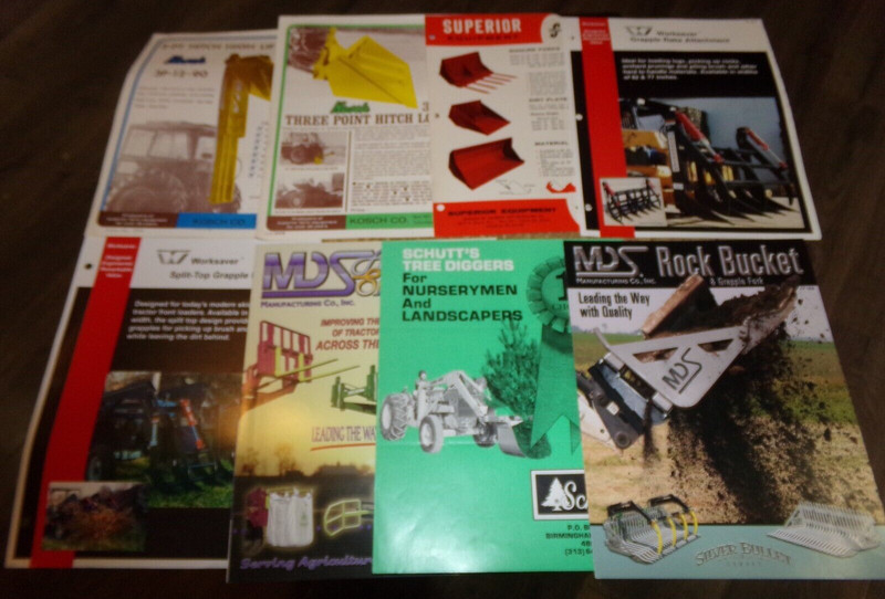 8-lot 1960’s-2000’s loader attachment brochures in nice shape used