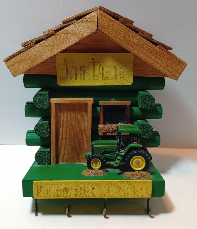 John Deere Hand Crafted Little Log Barn and Metal Tractor Wall 4 Key Holder