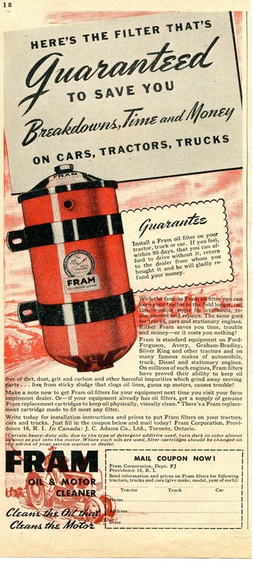1947 Print Ad of Fram Oil & Motor Cleaner Filter Car Tractor & Trucks