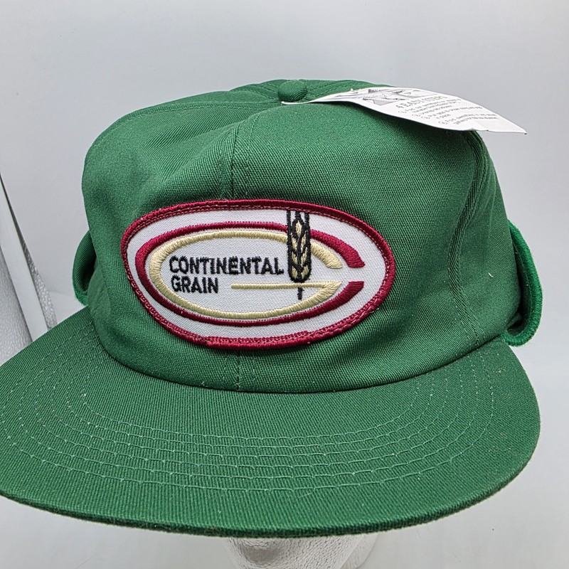 Vtg Continental Grain Hat Ear Flap Red Patch Trucker USA Adjustable K Products