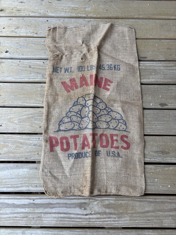 Vtg Maine Brand Burlap Potato Sack 100LB 1950s USA Graphic Cottage Farm Core gallery