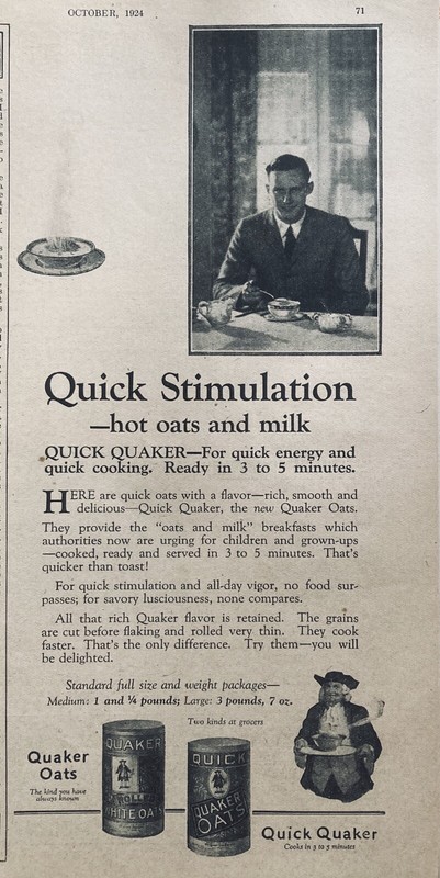 1924 AD(XG6)~QUAKER OATS AND QUICK OATS AND PUFFED WHEAT CEREALS