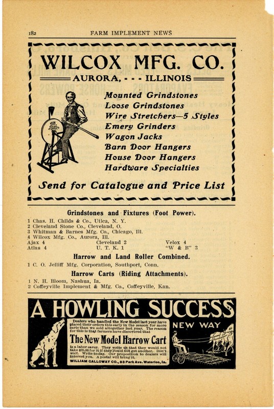 1905 Wilcox Mfg. Co. Ad: Grindstones, Hardware, Door Hangers – Aurora, Illinois