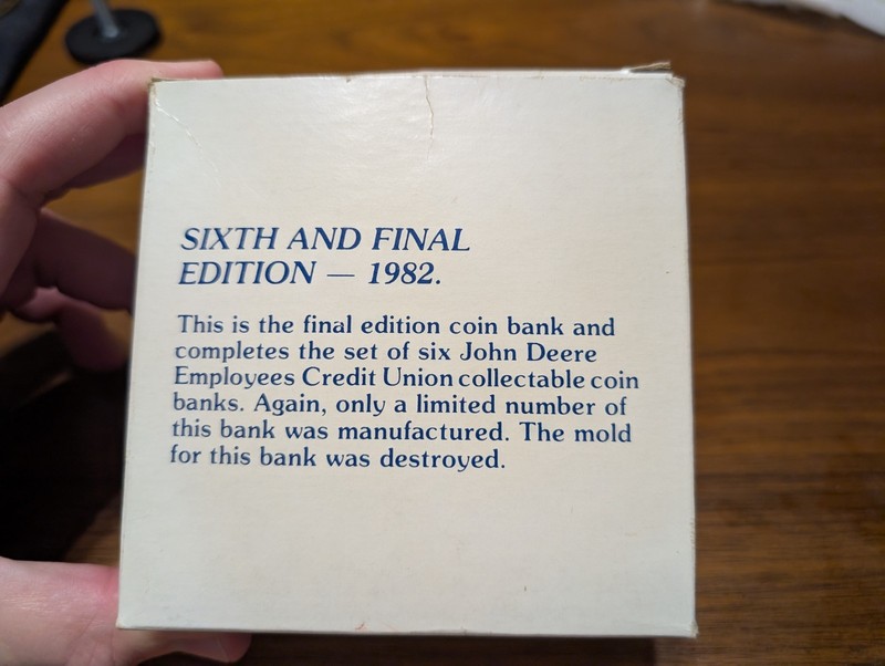 FINAL EDITION John Deere Employees Credit Union 6th Edition 1982 Metal Coin Bank gallery
