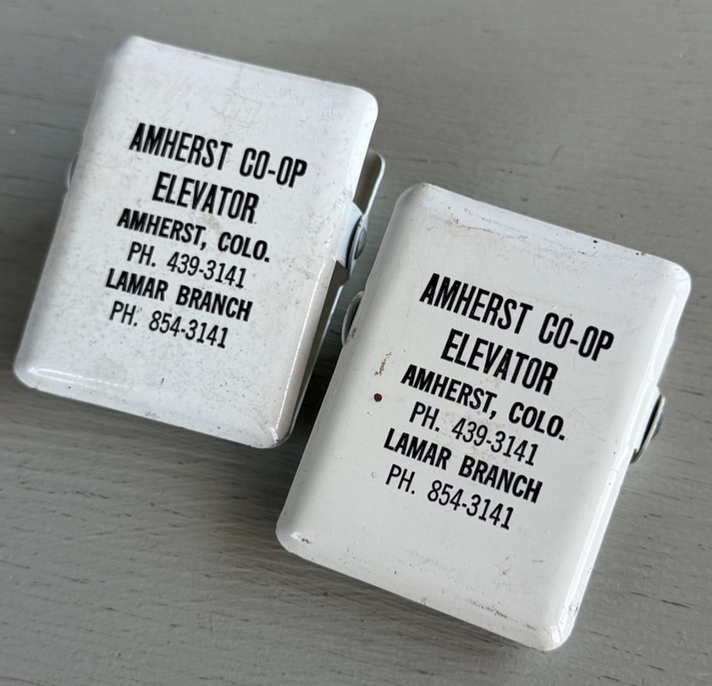 2 VTG Amherst CO Co-Op Metal Advertising Paper Clip Seed Grain Elevator Lamar