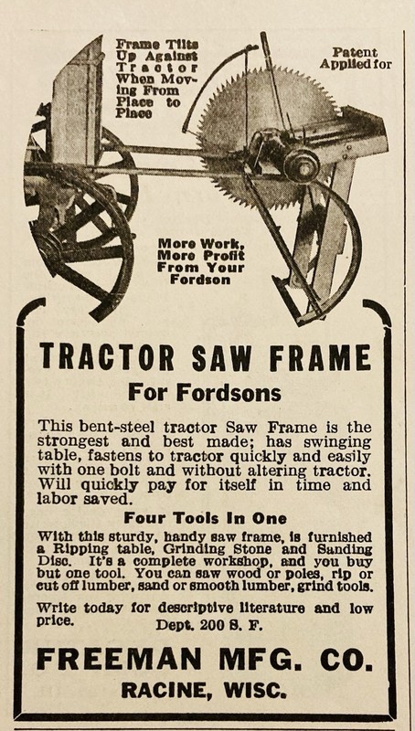 1924 AD.(XH82)~FREEMAN MFG. CO. RACINE, WIS. TRACTOR SAW FRAME FOR FORDSONS