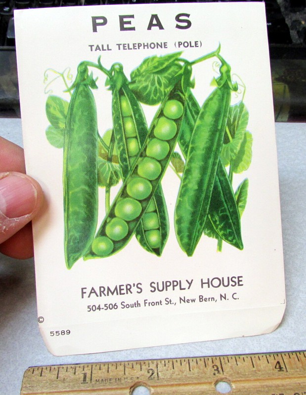 Vintage EMPTY seed pack, Peas Tall Telephone pole Farmers Supply House, NC 1950s