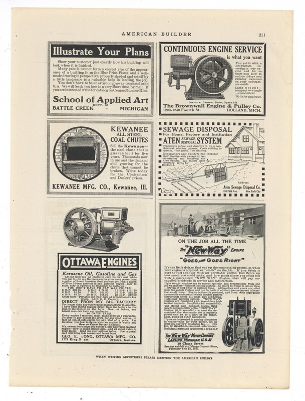 1917 Gas Engine Ads on One Page: Ottawa, New Way, Brownwall of Holland Michigan