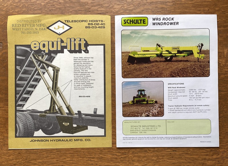 Sales Brochures Schulte Johnson Hydraulic Vintage Telescopic Hoist & Windrower