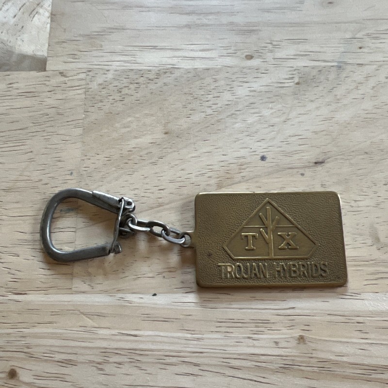 Vtg Brass Tag Key Chain ID Name Richard Rice Tab Trojan Hybrids Seed Corn Farm