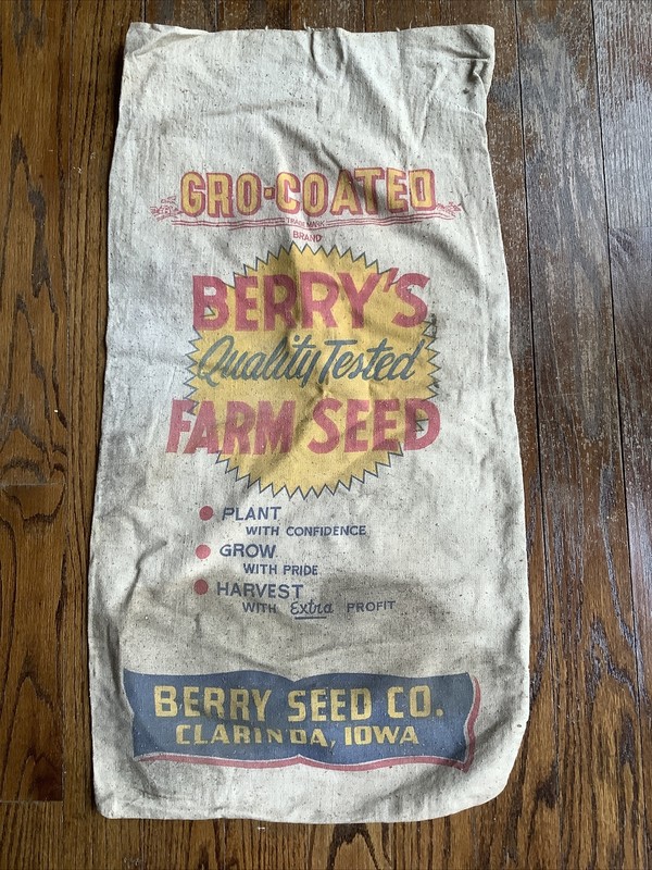 Vintage Berry Seed Co. Burlap Bag Clarinda Iowa Red Yellow Blue Farmhouse Decor