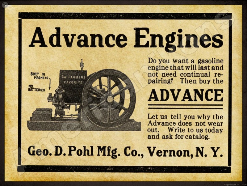 1915 George D. Pohl Co. New Metal Sign: Advance Gas Engines – Vernon, New York
