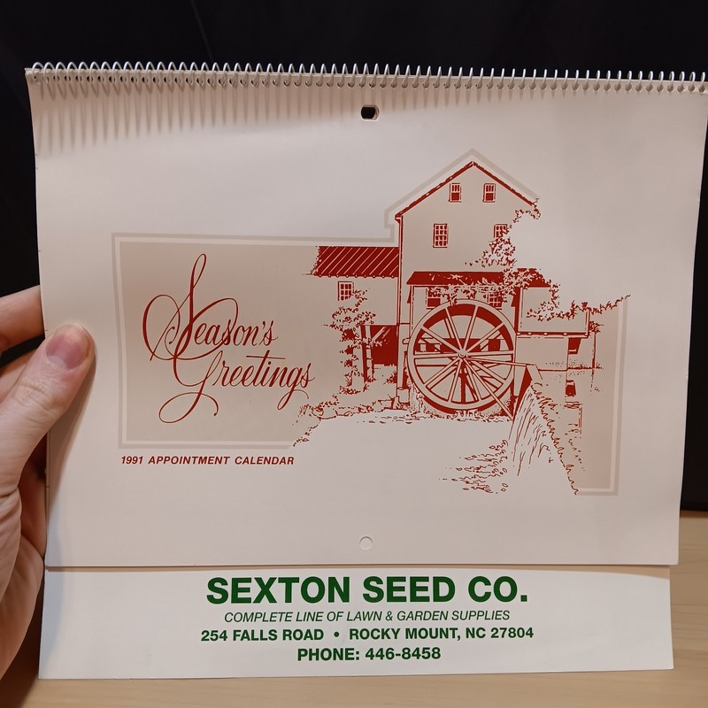 Vintage 1991 Sexton Seed Co Rocky Mount NC North Carolina Advertising Calendar