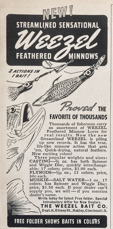 1939 AD(XH26)~WEEZEL BAIT CO. CINCINNATI, OHIO. WEEZEL FEATHERED MINNOWS