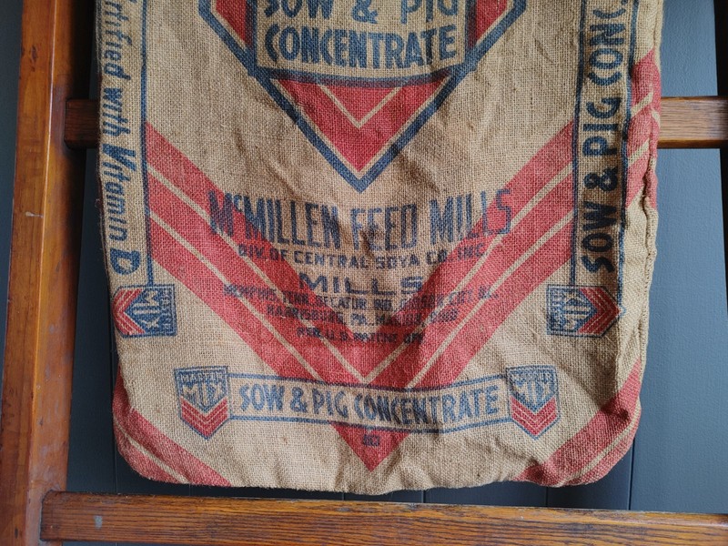 Vtg MASTER MIX Burlap Feed Bag McMillen Mills antique sack Sow & Pig primitive gallery
