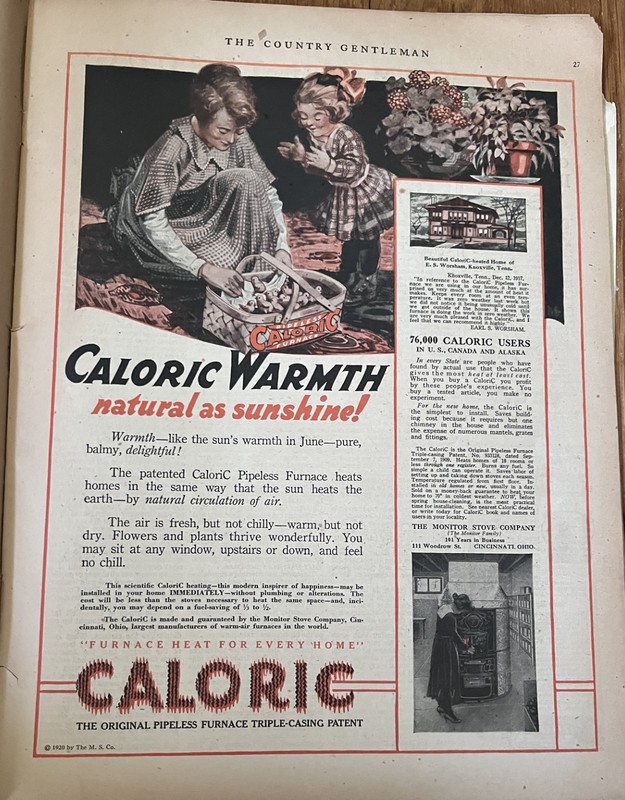 Caloric Pipeless Furnace natural 1920 Original magazine ad print fun wall Art
