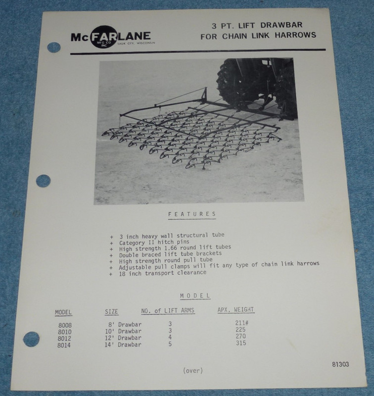 Vintage McFarlane 3 Pt Lift Drawbar For Chain Link Harrows Brochure Sauk City WI