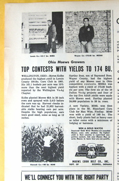 Original 1962 Moews Seed Ad features Hartley Boss of Wayne County Ohio