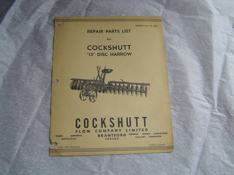 Cockshutt 15 tandem disc harrow parts list catalog manual