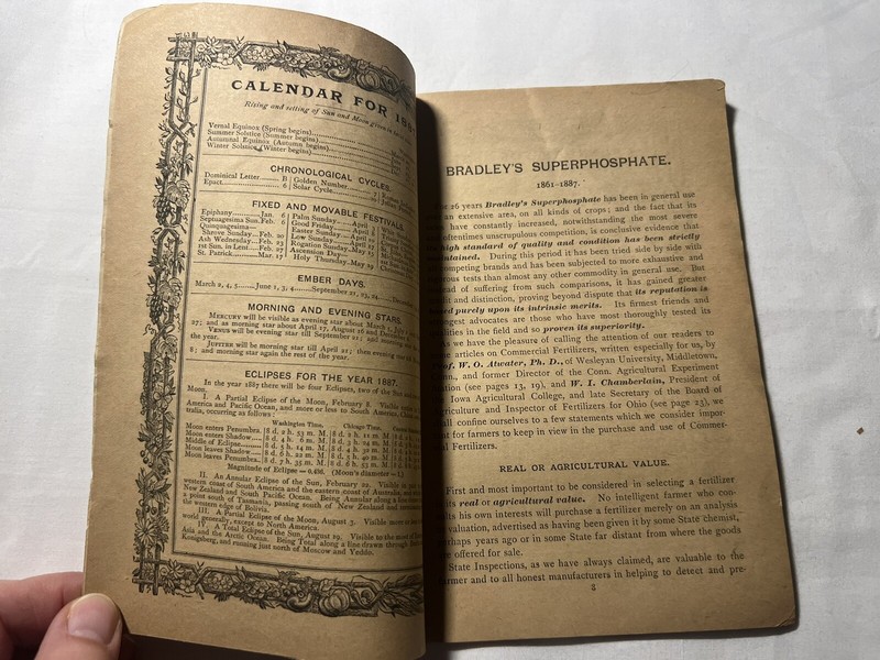 1887 Bradley’s Phosphate Lime Fertilizer Almanac Farming Tips Crop Yields Ads gallery