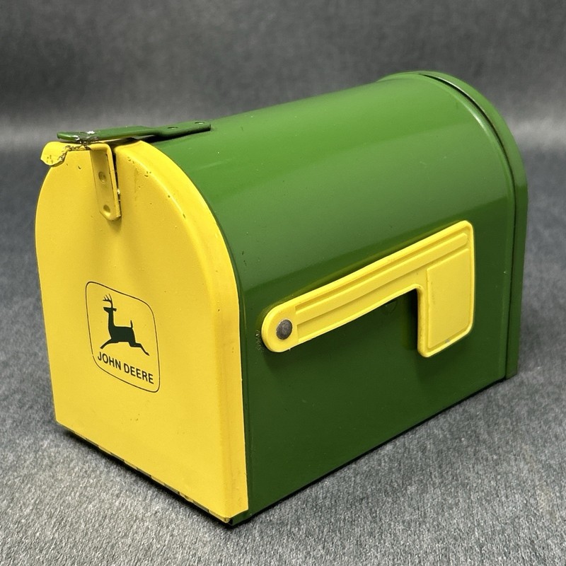 Vintage John Deere Green & Yellow Metal Mailbox Toy Bank ERTL Co Made in USA gallery