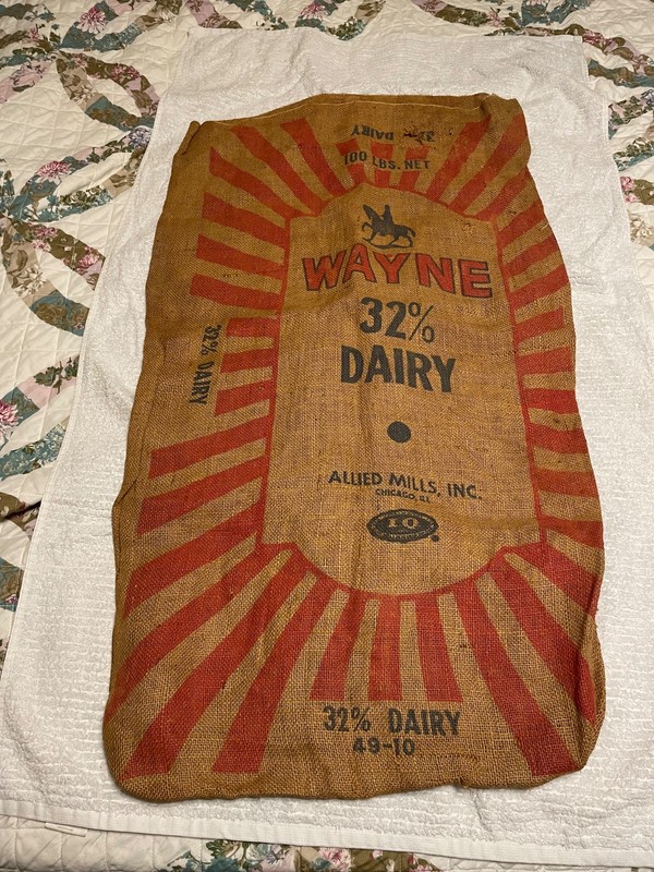 Vintage Wayne Dairy Burlap Feed Sack 100 pounds Found in As Is Condition