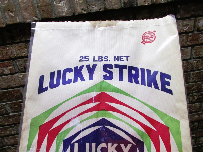 vintage Lucky Strike Feeds empty bag, 25 pound size, great home decor bag gallery