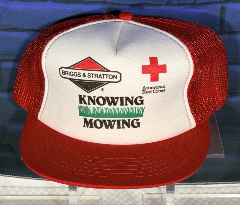 Vtg 90s BRIGGS & STRATTON Lawn Mower AMERICAN RED CROSS Advertising Snapback Hat