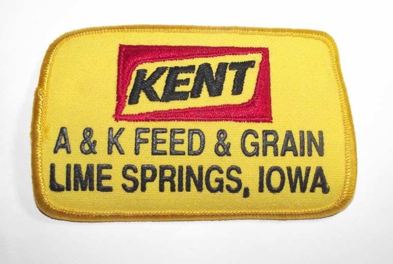 Vintage KENT A & K Feed & Grain Lime Springs Iowa 4″ x 2.5″ Patch hat shirt ad