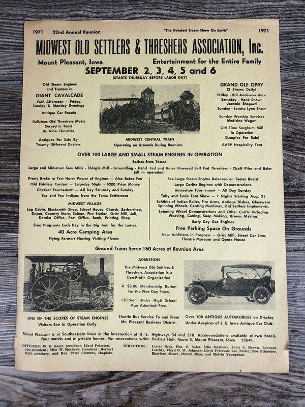 1971 Midwest Old Settlers & Threshers Steam Show Mount Pleasant, Iowa Poster