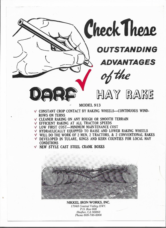 Original OE OEM Darf Model 913 Hay Rake Single Page Sales Brochure Spec Sheet