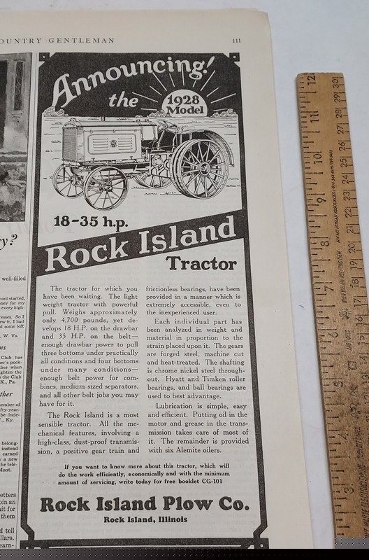1927 – 18-35 h.p. ROCK ISLAND TRACTOR / Rock Island Plow Co. – magazine ad