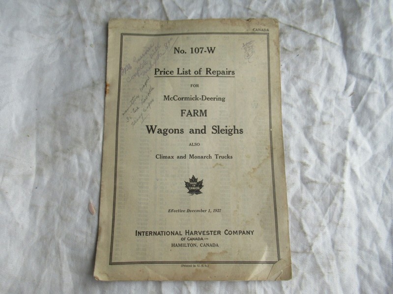 1928 International McCormick-Deering farm wagons sleighs repair price list