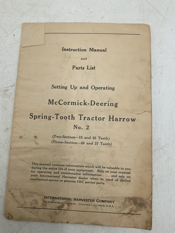1947 McCormick Deering 2 Harrow Specs Agricultural Instruction Manual Parts List