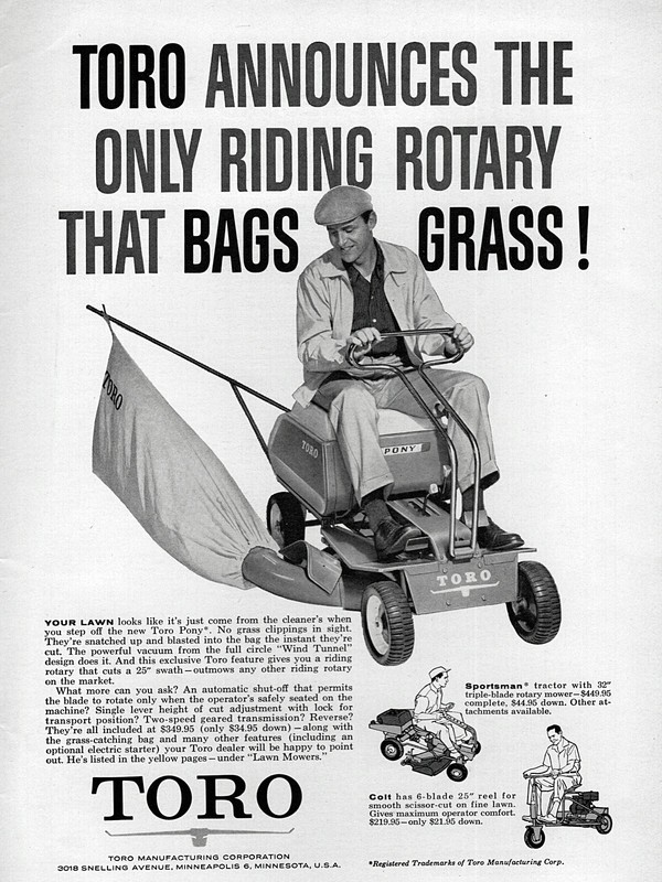 1960 Toro Pony Sportsman & Colt Riding Mower Original Print Ad