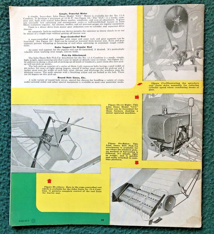 JOHN DEERE COMBINE CATALOG c.1946 + c.1941 Advertising Sheet for SWEEP RAKE gallery